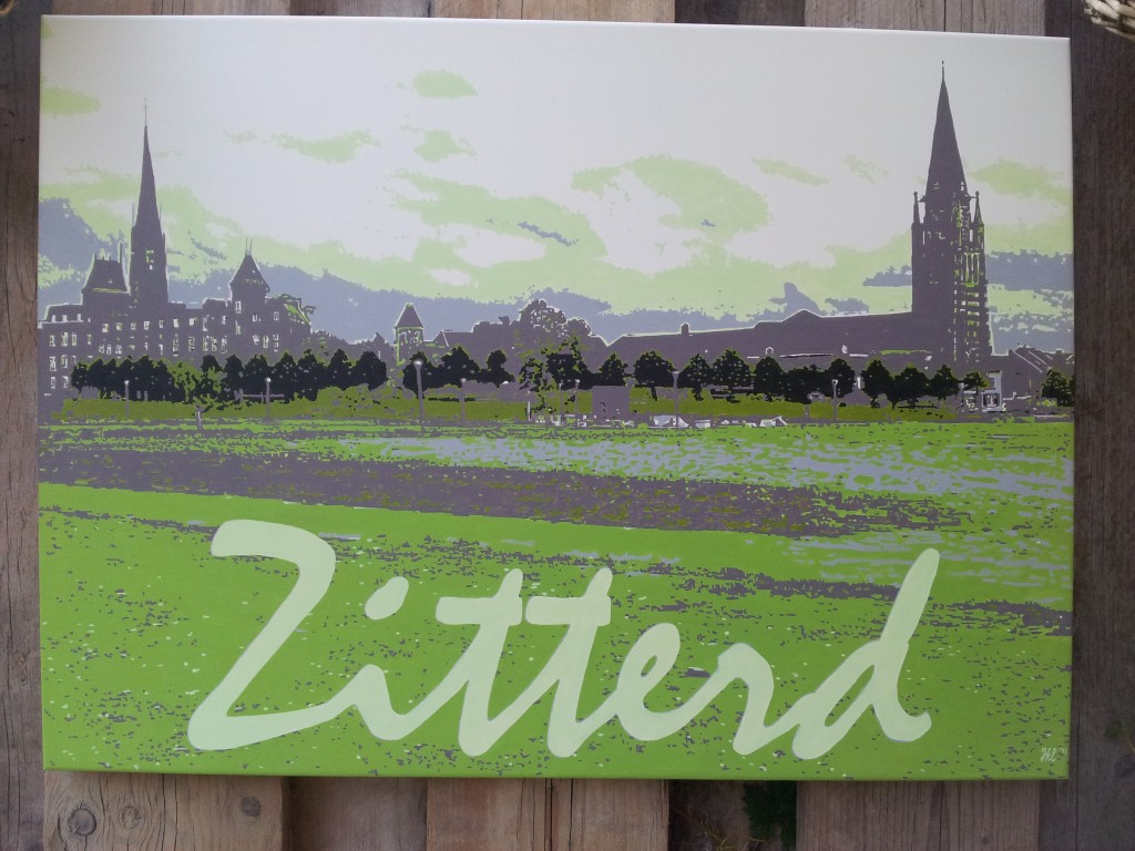 Magneetbord met de skyline van Sittard geschilderd in acryl. Afm; 80 x 58 cm makkelijk op te hangen met gestanste gaten. € 275,-